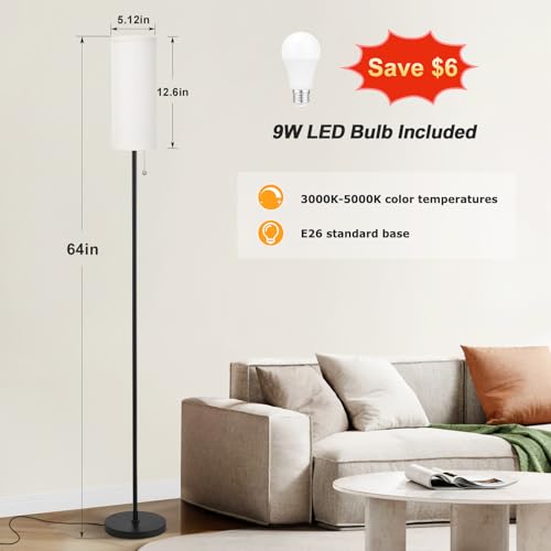 Ambimall 64'' Floor Lamp for Living Room with Bulb- Tall Lamps with Beige Lampshade & Pull Chain Switch, Pole Lamps for Be...