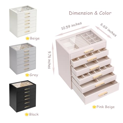 VLANDO 6-Drawer Jewelry Box with Glass Lid, Faux Leather Organizer for Rings Earrings Necklaces and More, Gift-Ready Jewel...