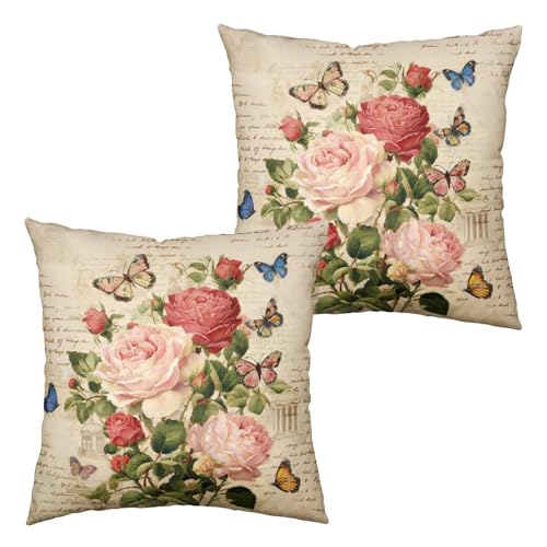 Kwlegh Vintage Rose Flower Pillow Covers Spring Summer Butterfly Floral Throw Pillow Covers 18x18 Set of 2 Rustic Rose Far...