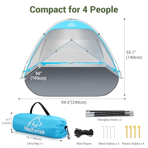 Wolfwise Beach Tent Sun Shelter for 3/4/5 Person with UPF 50+ UV Protection, Sun Shade Beach Tents with Extendable Floor f...