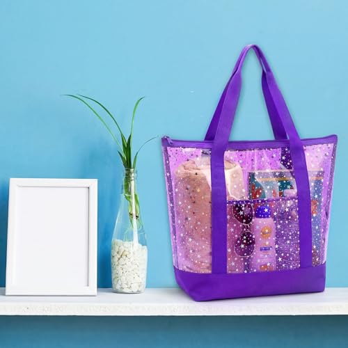 Sanwuta Clear Star Tote Bag for Women, Security Approved Large Tote Shoulder Beach Bag with Zipper for Travel Work