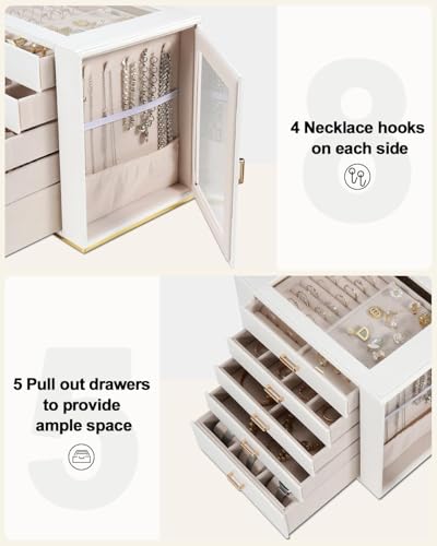 GUOER Jewelry Box 5 Layer for Women, Glass Lid Jewelry Organizer with 5 Drawers for Necklaces Rings Earrings Bracelets, Fu...