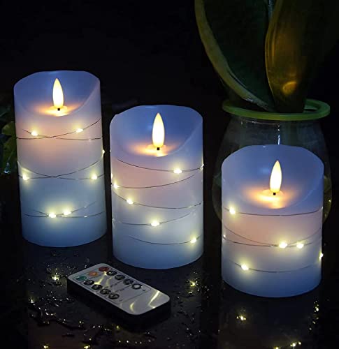 danip Sky Blue LED Flameless Candle with Embedded Starlight String, 3 LED Candles, 11 Key Remote Control, 24 Hour Timer Fu...