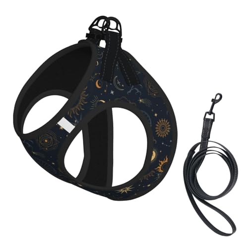Dog Harness and Leash Set with Celestial Moon Star Pattern, Breathable Mesh Vest with Reflective Strips, Adjustable No Pul...