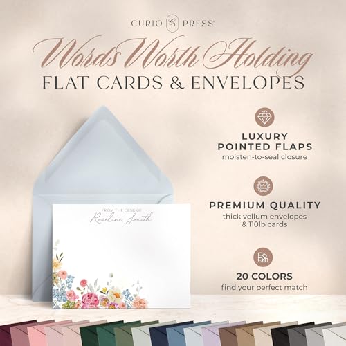 Personalized Stationery for Women, Floral Flat Card with Custom Note Cards Name, Watercolor Personalized Note Cards with E...