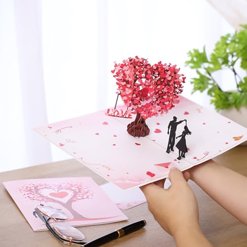 Pop Up Anniversary Card, 3D Love Tree Hearts Couple Wedding Card for Her, Wife, Husband, Him, Couple; Ideal Gift for Weddi...