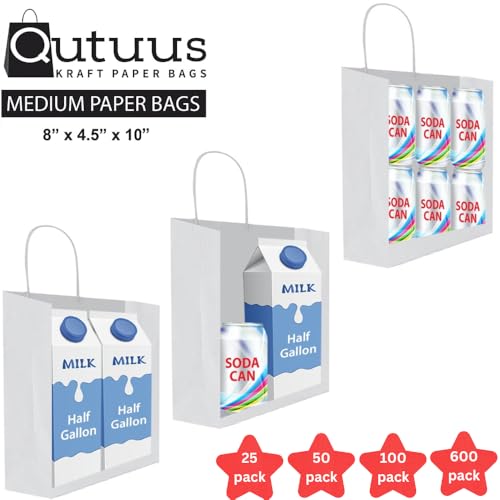 Qutuus White Paper Gift Bags with Handles Bulk 25 pcs 8x4.5x10 Medium White Paper Bags for Gifts, Valentines, Shopping, Re...