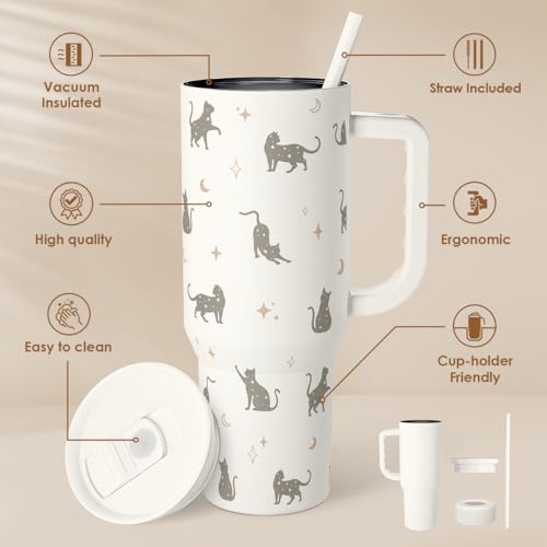 Gift for Cat Lovers Cat Mom – 40oz Stainless Steel Tumbler with Handle and Straw - Travel Coffee Mug for Women, Gift for B...