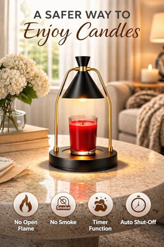 MIGHTY T Candle Warmer Lamp with Timer & Dimmer – Flameless Candle Lamp for Jar Candles – Adjustable Brightness – Safe Hom...