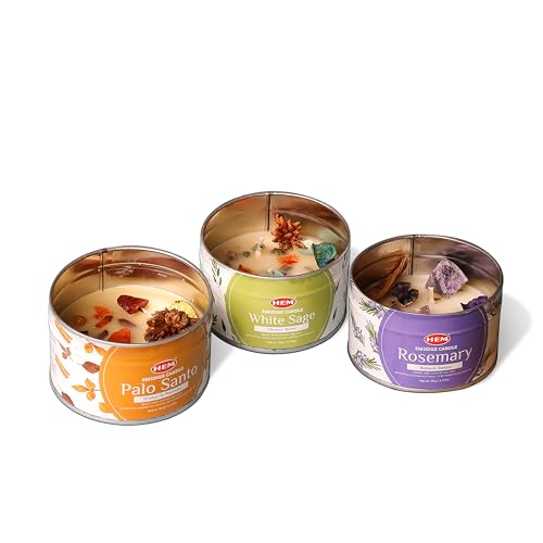 HEM Crystal Candle Gift Set – 3 Natural Soy Wax Candles (9.5 oz) | White Sage, Palo Santo & Rosemary Scents | 65-Hour Burn...