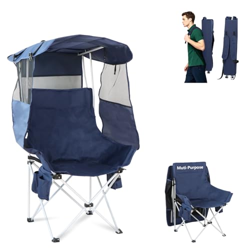 Folding Camping Chairs Canopy Outdoor: Sports Portable Beach Chair with Canopy-Lawn Beach Chairs with Umbrella for Adults-...
