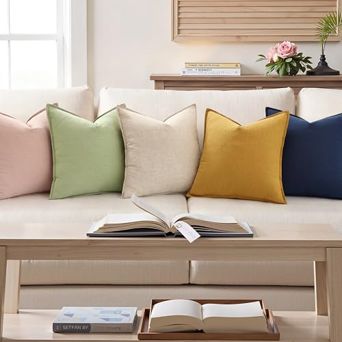 decorUhome Summer Decorative Linen Throw Pillow Covers 20x20 Inch Set of 2 Natural Beige Pillow Covers with Flange Edges S...