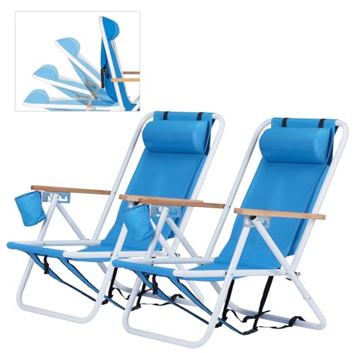 Outvita Folding Beach Chair Adjustable Headrest w/4 Flexible Tilt Angle, Cup Holder Portable High Strength Cleanable Fabri...