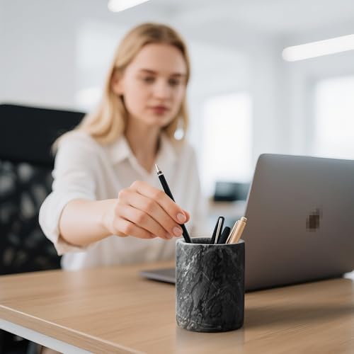 WORHE Pen Holder Stand Italy Natural Premium True Marble Makeup Brush Holders, Tableware Organizer Desk Pencil Cup for Hom...