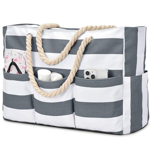 Becokan Beach Bags for Women Canvas Large Beach Tote Bag Zipper Waterproof Sandproof Foldable Swim Pool Bag with 7 Pockets