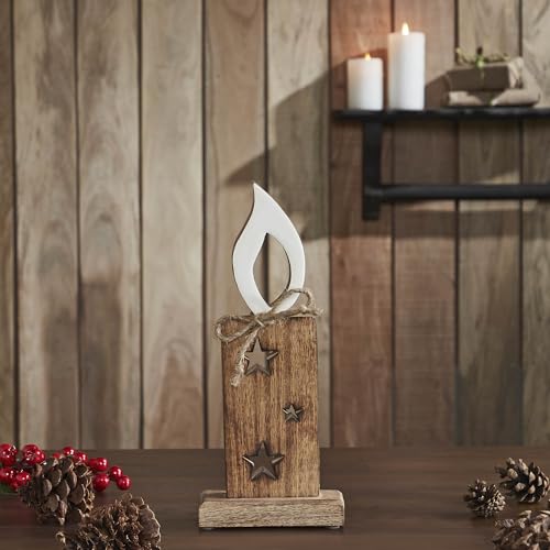 VHC Brands White Flame Natural Candle w/Stars Wooden Figurine 12x5x2