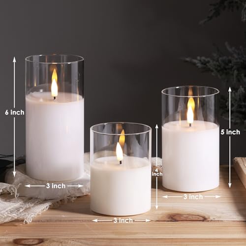 Eywamage Clear Glass Flameless Candles with Remote Timer, Flickering Battery LED Pillar Candles Set of 3