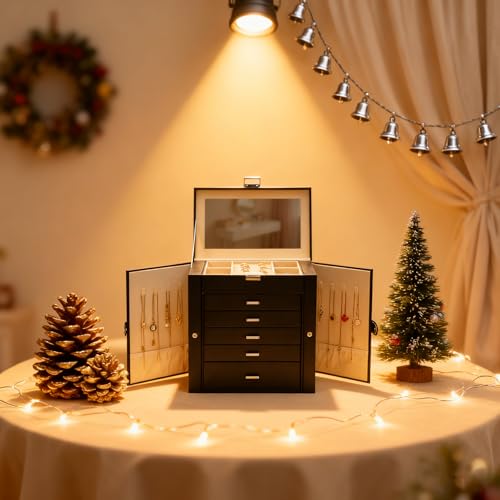 BOOVO Jewelry Box For women, 6 Layer Large Jewelry Organizer With Mirror, Multi-Function Storage Box With Lock, Necklace H...