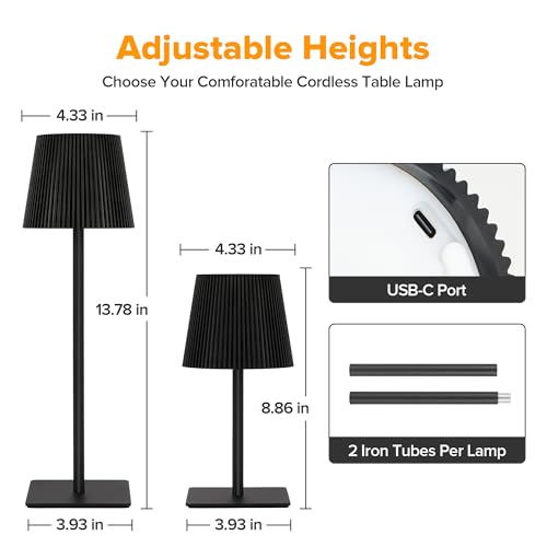 LUTEC 2 Pack Cordless Table Lamp,6000mAh Rechargeable Battery Operated Desk Lamp,Two Adjustable Heights,Waterproof, Touch ...