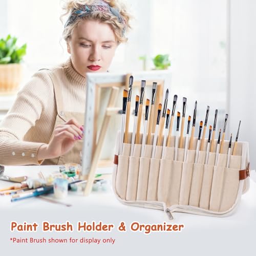 Stand Up Canvas Paint Brush Holder Case for Artists, 22 Slots Brush Organizer with Pop-Up Stand, Zippered Travel Paint Bru...