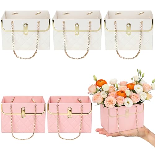 6 PCS Flower Paper Gift Box, Pink White Bouquet Storage Bucket Handbag with Metal Chain Floral Craft Wrap Bag Flower Bags ...