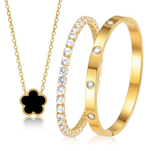 Gold Bracelets Necklace Jewelry Set - 3Pcs 18K Gold Plated Floral Bracelet,Stainless Steel Bangles, Waterproof Non-Tarnish...