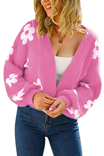 ECOWISH Women Floral Cropped Cardigan: Fall Long Sleeve Open Front Fuzzy Daisy Print Knit Sweaters Casual Y2k Outerwear