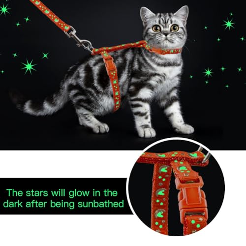 Cat Harness and Leash Set Gold Moons Soft Nylon Escape Proof Adjustable for Kittens Small Animals Glow in The Dark(Orange)