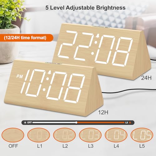 DreamSky Wooden Digital Alarm Clocks for Bedrooms - Electric Desk Clock with Large Numbers, USB Port, Loud Alarm for Heavy...