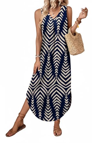OFEEFAN Maxi Dresses for Women 2026 Loose V Neck Sleeveless Casual Beach Vacation Dress Side Slit Sundresses with Pockets