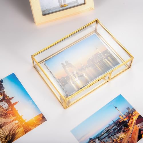Feyarl Gold Glass Photo Picture DIsplay Box Keepsake Cards Storage Jewelry Trinket Ring Earrings Box Case Shadow Decorativ...