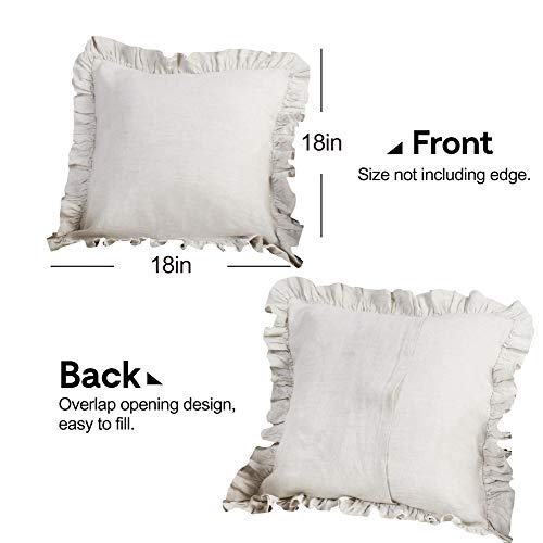 King Linens 100% French Linen Throw Pillow Covers - Set of 2 - Washed Flax Decorative Ruffled Square Cushion Cover Solid C...
