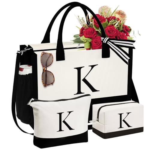 YOOLIFE Mothers Day Gifts - Initial Canvas Tote Bag & Makeup Bag, Birthday Gifts for Women Mom Sister Friends