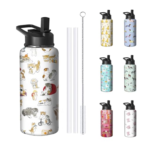 32oz Cat Water Bottle with Handle and Flip Straw, Pixel Sports Stainless Steel Insulated Cup Travel Coffee Mug Tumbler, Bi...
