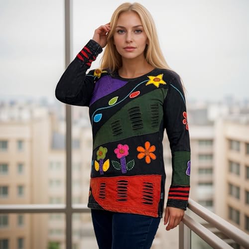 Agan Traders 2026 Summer Bohemian Tops for Women - Rib Knit Cotton Funky Patch Retro Hand Women's Embroidered Blouses