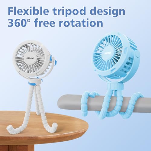 SOPOKE Mini Portable Baby Stroller Fan,3 Speed Personal Handheld Fan,Battery Operated Rechargeable 360° Flexible Tripod Co...