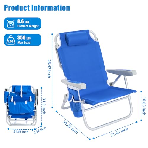 SUNNYFEEL Low Beach Chair 5 Position Lay Flat, Portable Folding Backpack Beach Chairs Heavy Duty with Cooler Bag, Cup Hold...