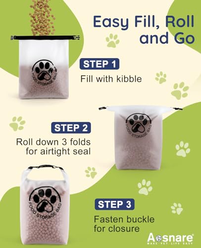 Aosnare Pet Food Storage Bag for Travel - Transparent Leak-Proof Dog Food Container with Roll-Top Closure, Keeps Kibble Fr...