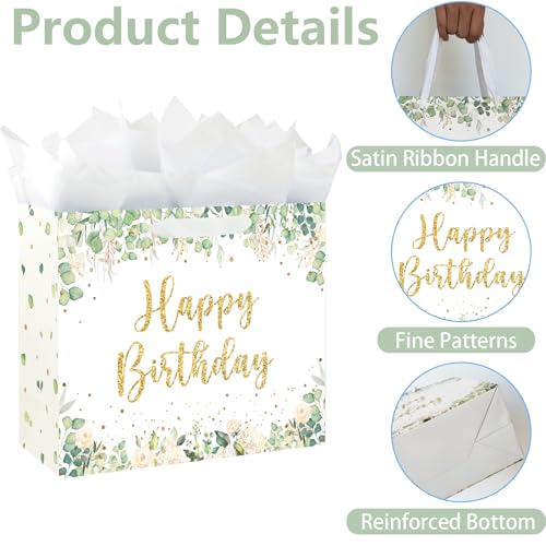 Yusenguan 13" Sage Green Birthday Gift Bag with Tissue Paper and Greeting Card for baby Girls or Boy Women Men Birthday Party