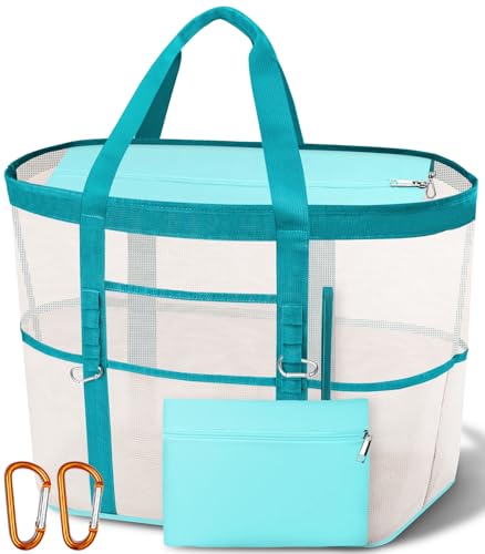 Yeendibo 2026 Chic & Spacious XX-Large Beach Bag for Women — Mesh × Canvas Tote with Top Zipper, 11 Pockets, Detachable Po...