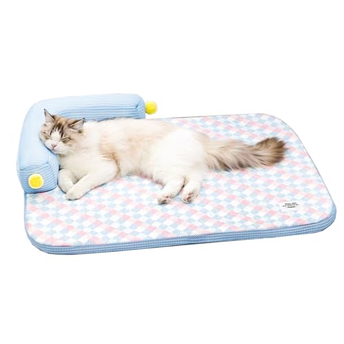 Lunale All-Season Ice Fabric Cat Bed with Cushioned Pillow/Play Ball/Washable Mat for Cats, Kittens & Small Pets (Blue, 2...