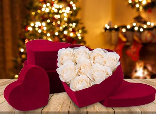 GnFlus Red Wine Gift Boxes with Lids for Presents 4 Pack Heart Shaped Velvet Nesting Burgundy Gifts Box for Arrangements F...
