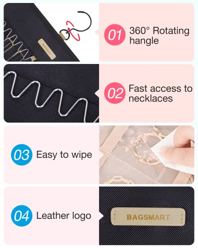 BAGSMART Hanging Jewelry Organizer Storage Roll with Hanger Metal Hooks Double-Sided Jewelry Holder for Earrings, Necklace...