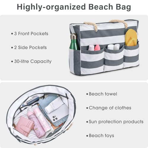 Becokan Beach Bags for Women Canvas Large Beach Tote Bag Zipper Waterproof Sandproof Foldable Swim Pool Bag with 7 Pockets