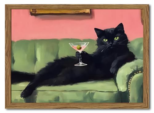 Funny Black Cat Martini Wall Art, Bar Cart Decor, Eclectic Cocktail Painting Canvas Print, Cute Animal Artwork Picture for...