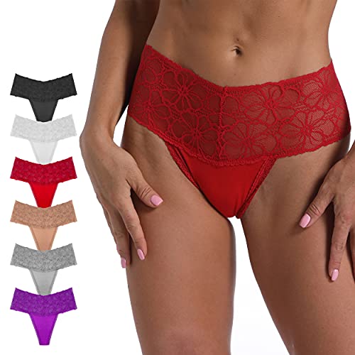 WKFIINM Pack 6 High Waisted Lace Thong for Women Cotton Underwear Plus Size High Rise Retro Tummy Control Thongs Panties