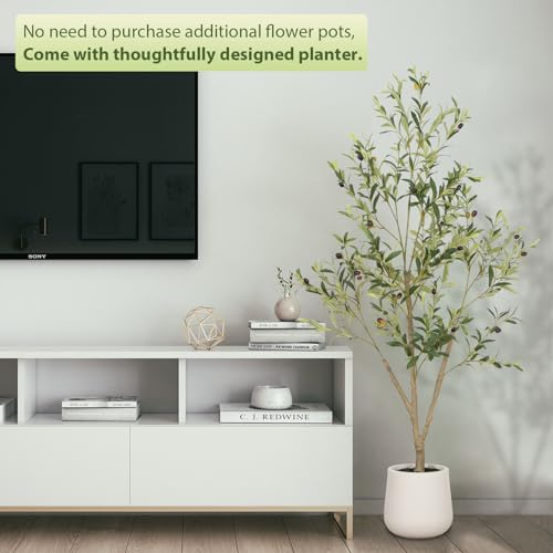VIVATREES Olive Trees Artificial Indoor, 5FT Tall Faux Olive Tree with White Tall Planter, Artificial Plants with Natural ...