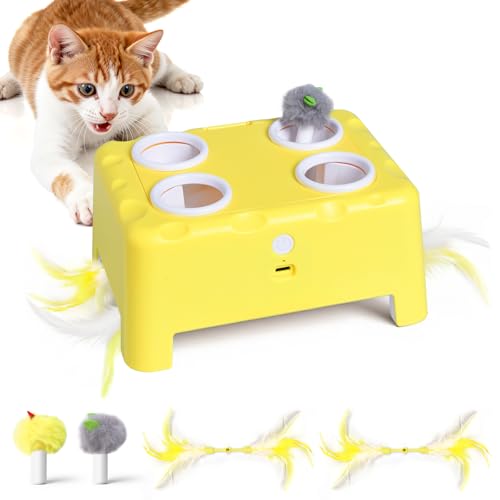 PETSWEET Cheese Box Interactive Cat Toy for Indoor Cats, 3-in-1 Whack a Mole Feather Toy, 3 Modes Rechargeable Auto Cat To...