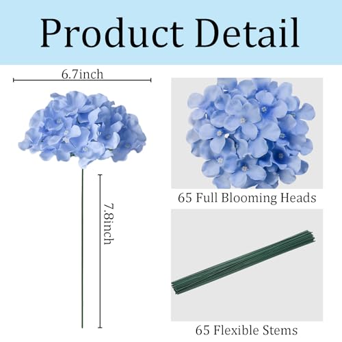 Cherica 65Pcs Blue Hydrangea Artificial Flowers Bulk，Realistic Silk Fake Flowers with Stems，Faux Hydrangea Flowers for Wed...