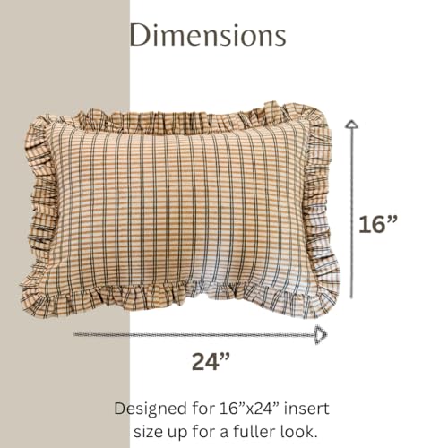 Palm & Loom 100% Cotton Linen Cushion Cover - Mitti Decorative Throw Pillow Case with Brown Check with Self Ruffle Trim - ...